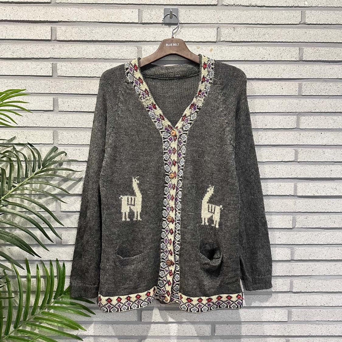 JPN VINTAGE 니트 가디건 플로럴 자카드 라마 패턴 디테일 그레이 상품이미지1