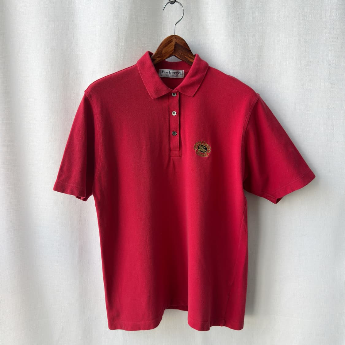 올드 버버리 골드 크레스트 자수 반팔 카라티 레드 L 상품이미지1
