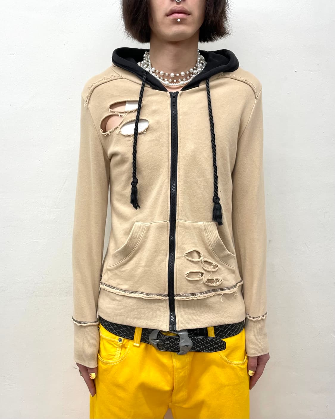 Distressed Rope Brown Hooded Zip-Up  상품이미지1