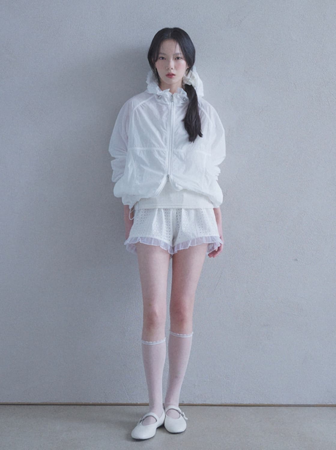 라퍼지 포 우먼 시어 프릴 후디드 윈드브레이커 쇼츠 셋업 상품이미지1