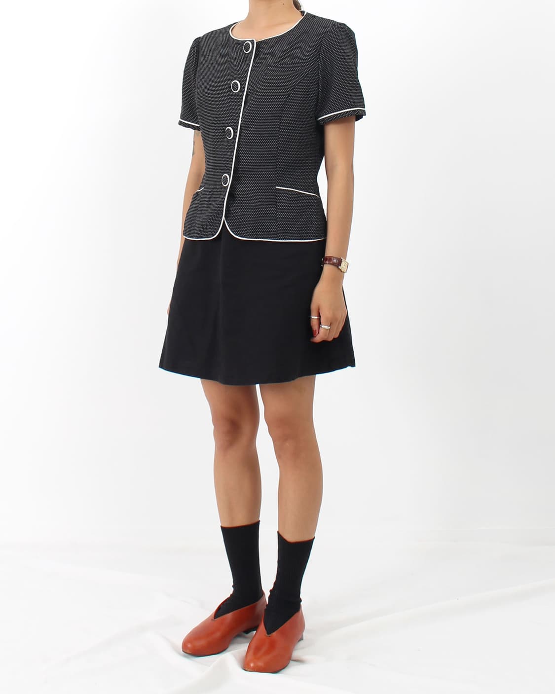 일본 빈티지 블랙 도트 배색 라운드넥 반팔 자켓 상품이미지8