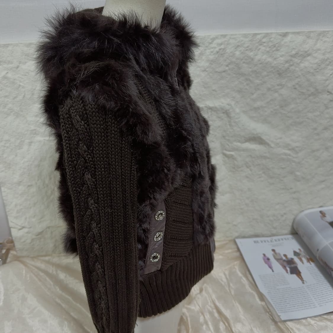빈티지 브라운 폭스퍼 후드 꽈배기 토끼털 니트자켓 후드집업 상품이미지2