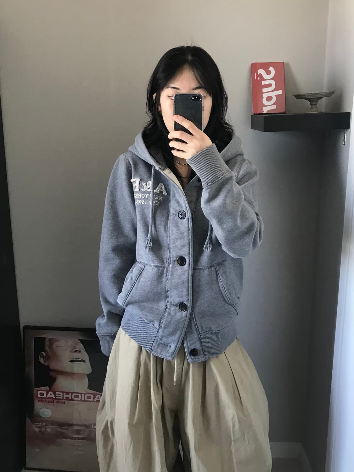 아베크롬비 자수 로고 그레이 버튼 후드집업 상품이미지1