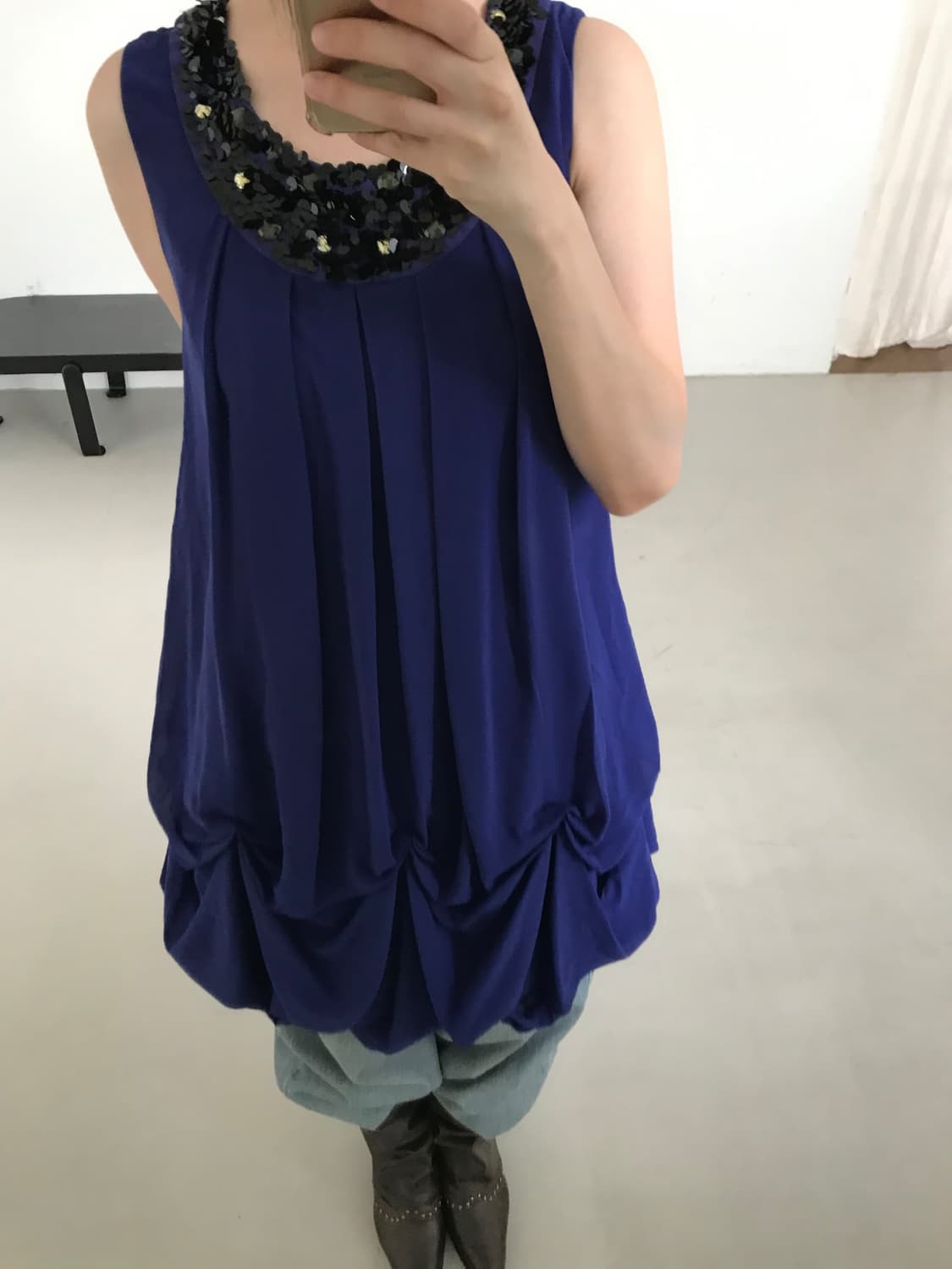 vintage navy draped balloon one-piece 상품이미지5
