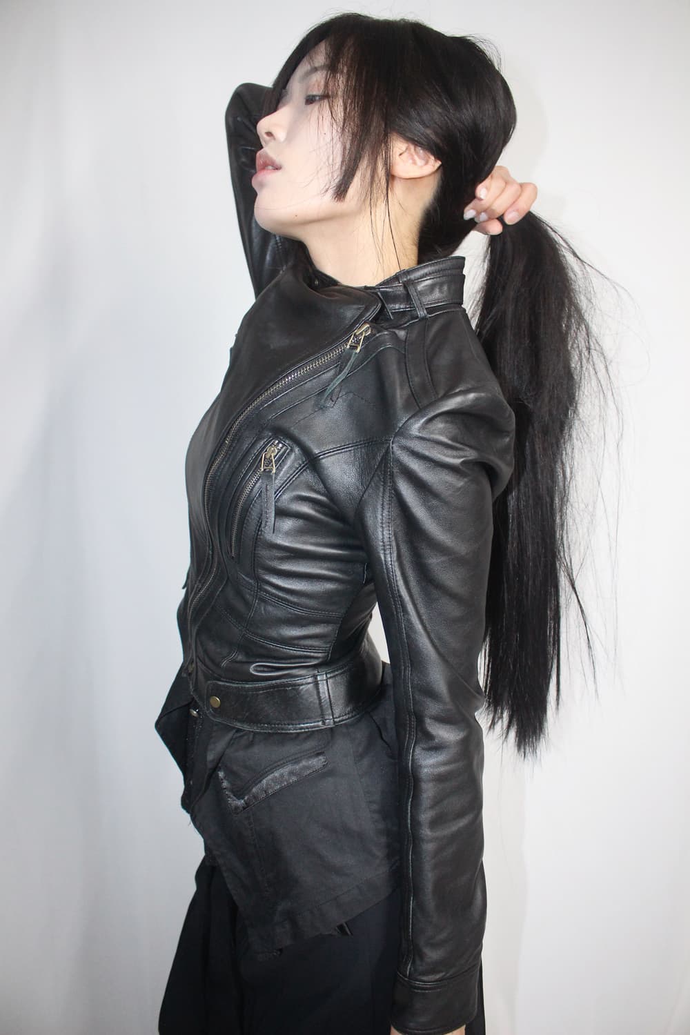 Leather skin-black diagonal lamb jacket 상품이미지10