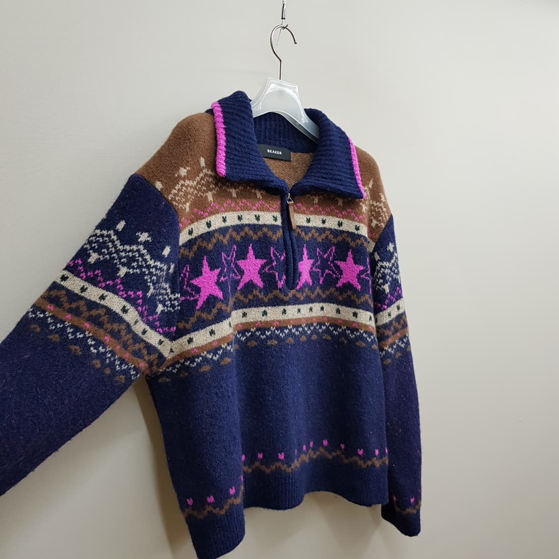 비이커 2024 페어아일 스타 패턴 울 하프집업 니트 1사이즈 상품이미지3