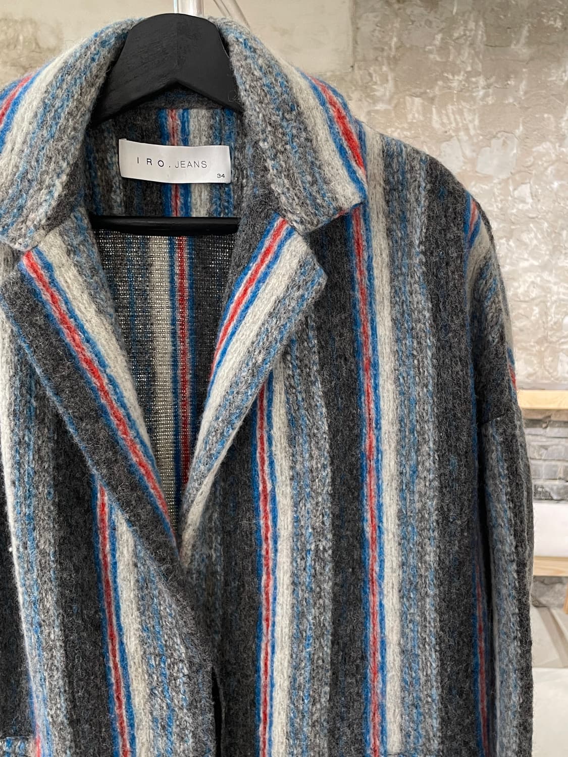 이로 그레이 스트라이프 히든 버튼 울 숏 코트 상품이미지3