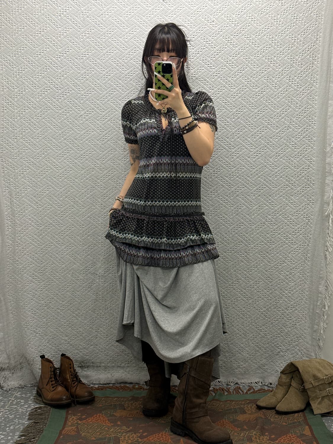 빈티지 보헤미안 오리엔탈 히피 패턴 셔링 시어 반팔 블라우스 K0082 상품이미지1