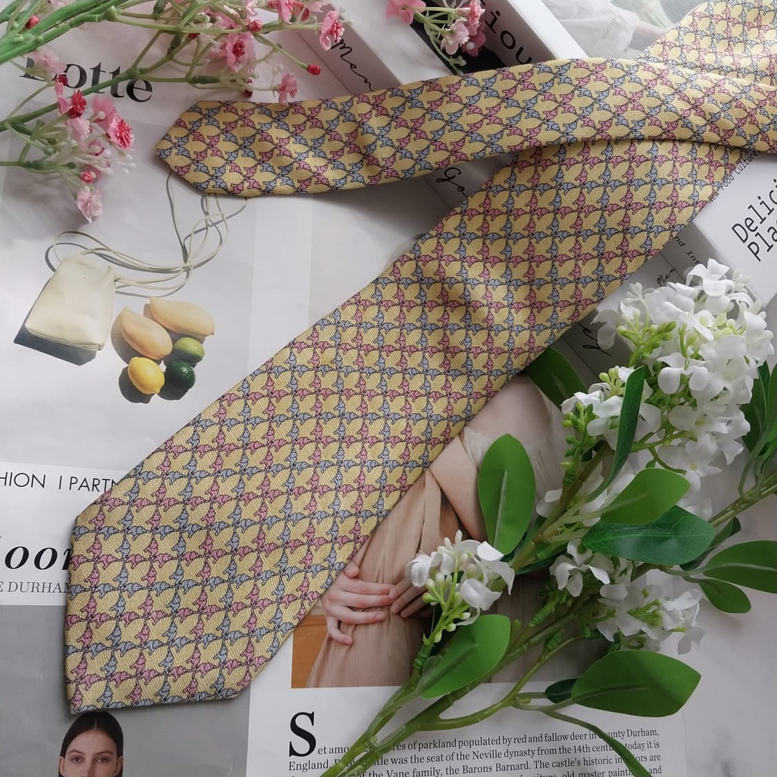 아쿠아스큐텀 실크 레몬 코끼리 패턴 넥타이 8.6cm A등급 K2310 상품이미지2