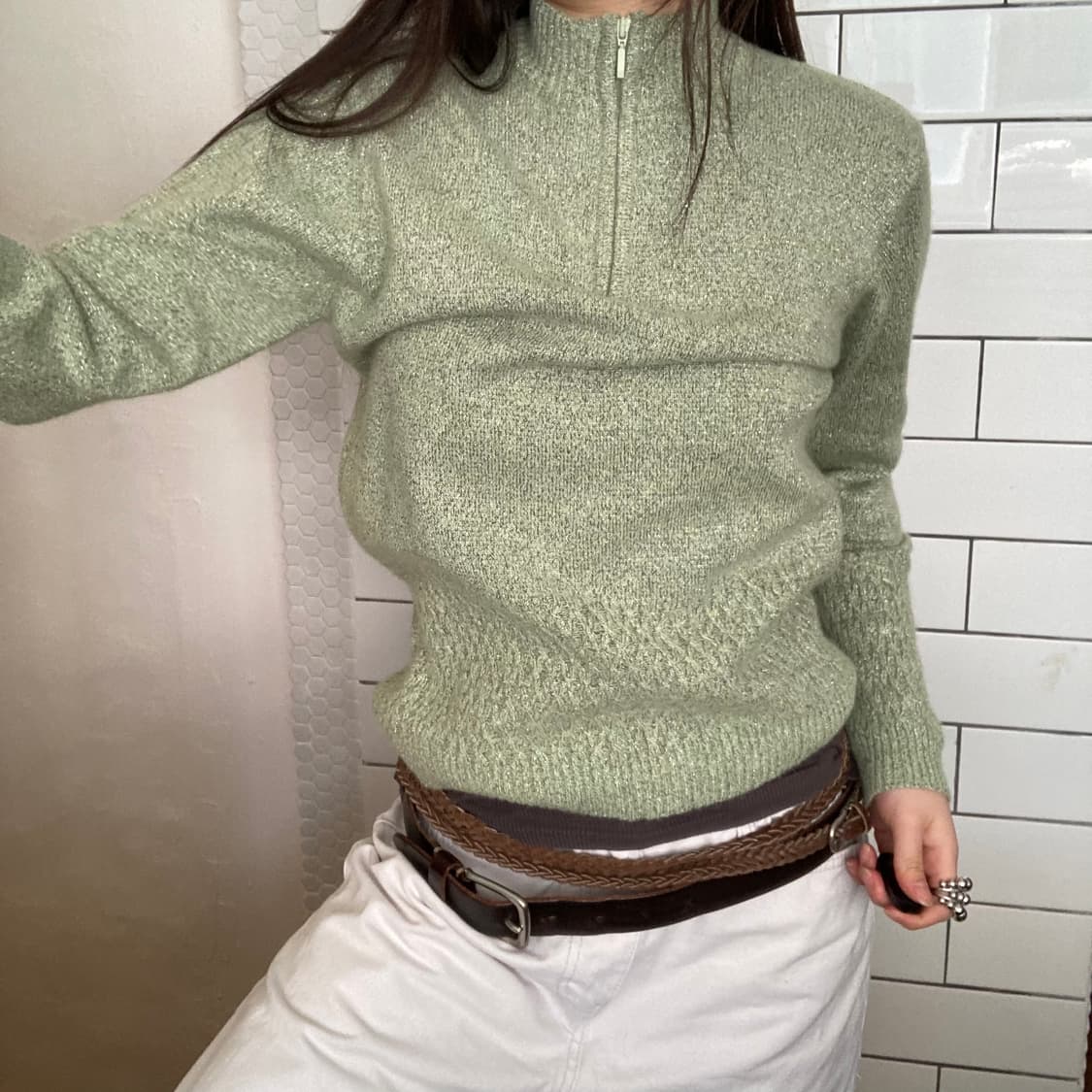 빈티지 글리터 반집업 니트 (민트) 상품이미지1