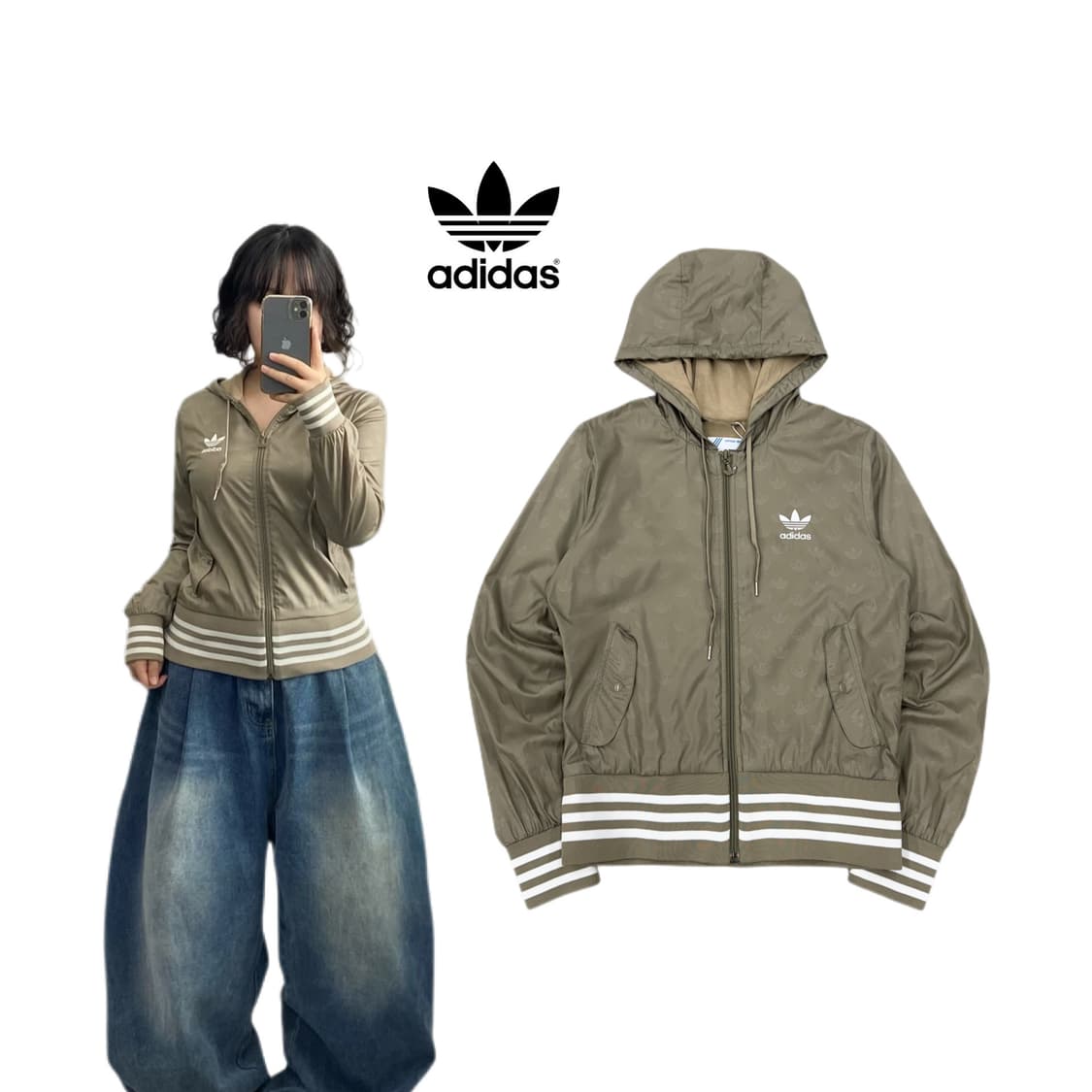 아디다스 올리브 카키 파이어버드 멀티로고 크롭 후드 바람막이 상품이미지1