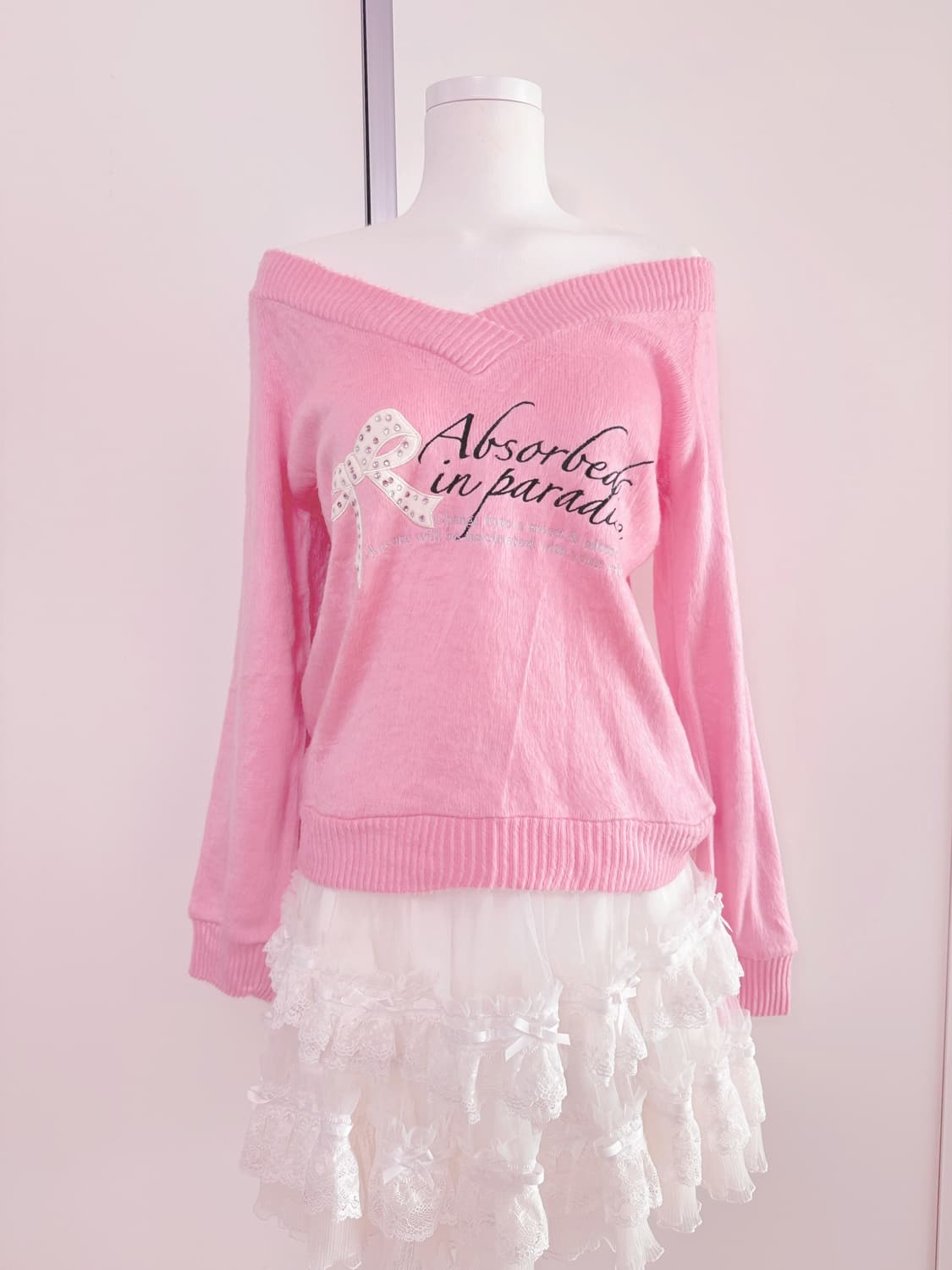 히메갸루 리즈리사 시허니 일브 백리본 오프숄더니트  상품이미지1