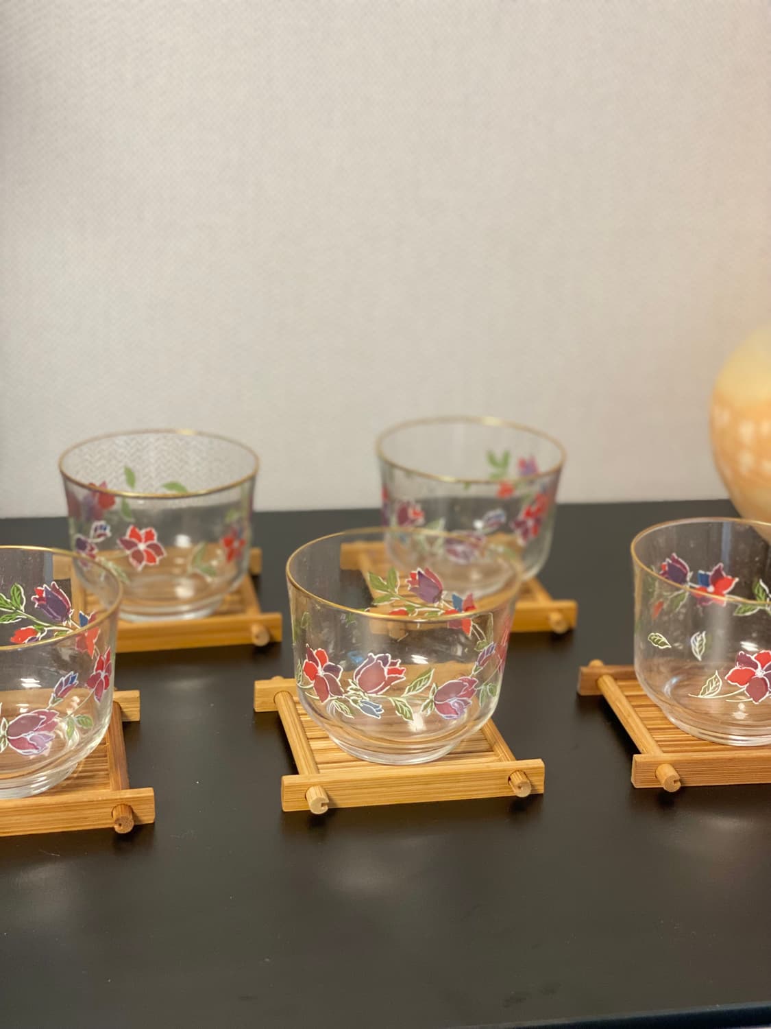 일본수입 ADERIA GLASS 플라워 유리 찻잔 5객 세트 (우드 받침 상품이미지2