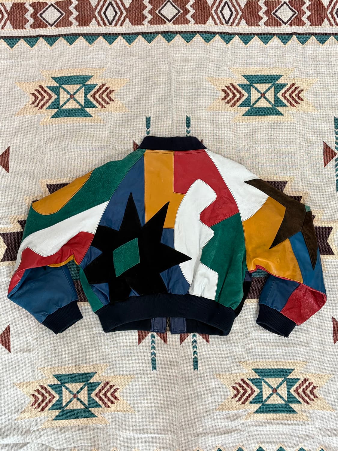 90s Cougar 크롭 레더 패치워크 봄버 블루종 자켓 상품이미지5