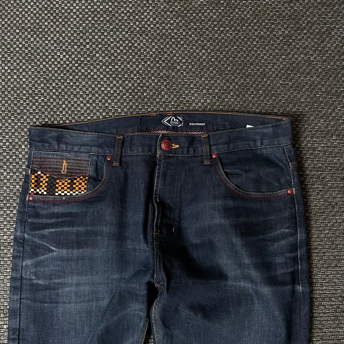 (36) 에비수 진청 레드 스티치 워싱 데님 팬츠 슬림 스트레이트 핏 상품이미지3