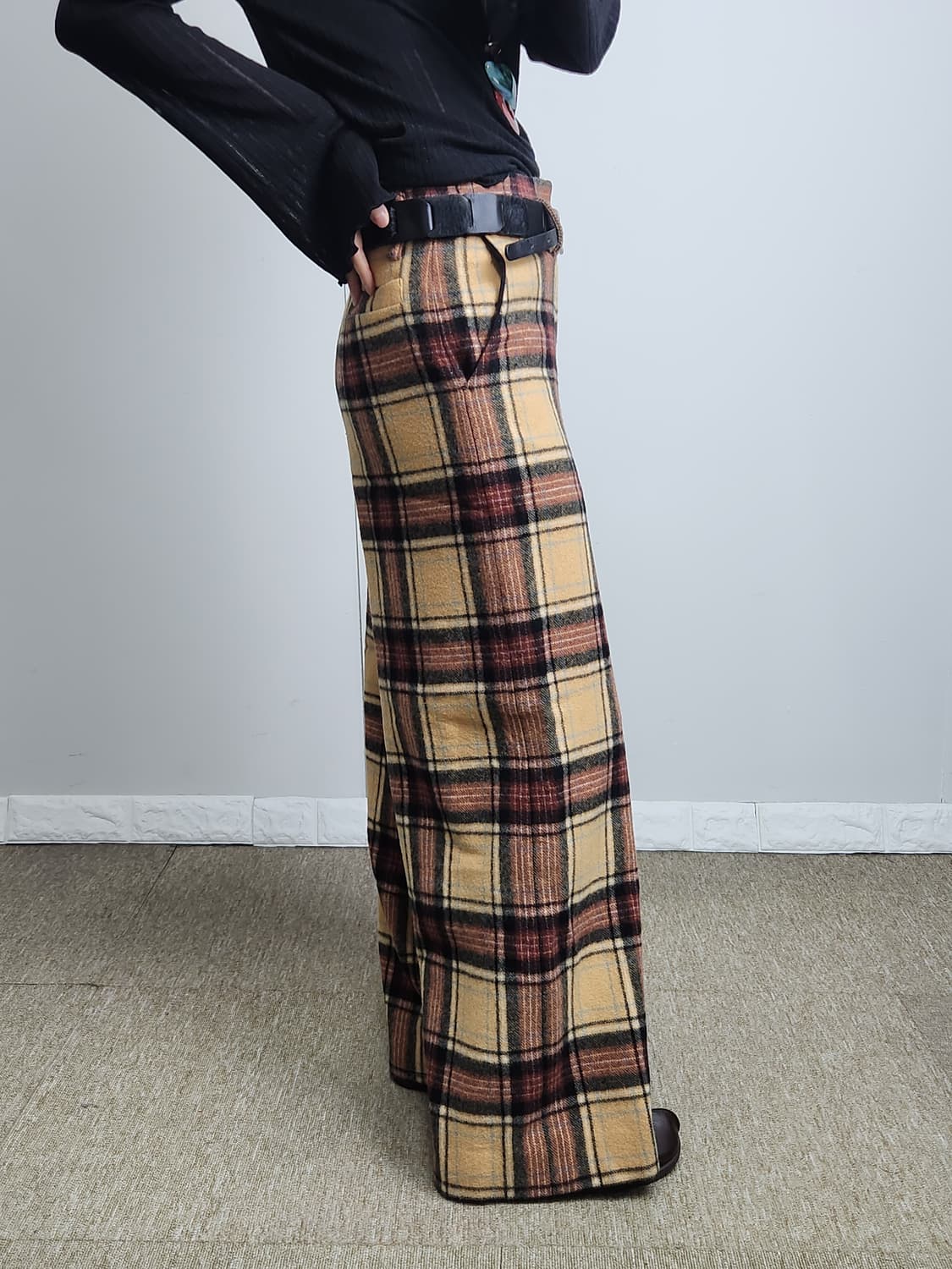 체크 울 와이드팬츠 상품이미지3