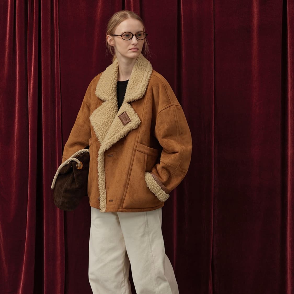 퀸스래빗 셔링하프코트 무스탕 카키브라운 상품이미지2