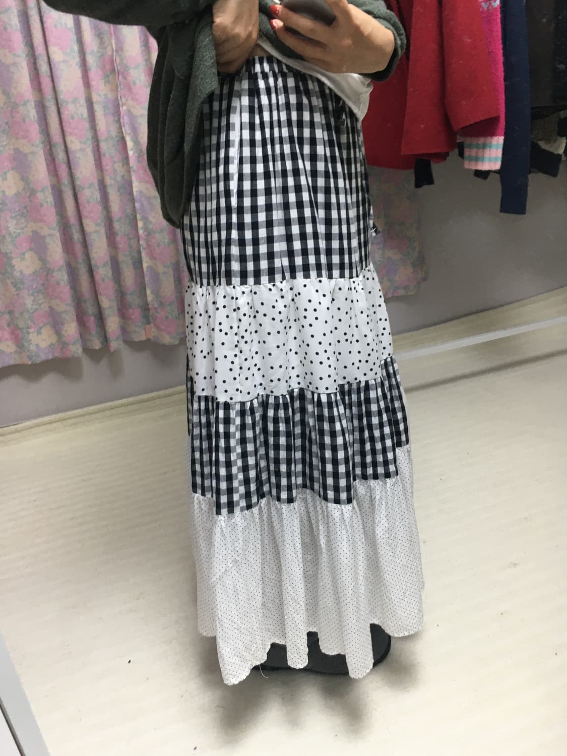 블랙 체크 도트 롱 스커트 상품이미지6