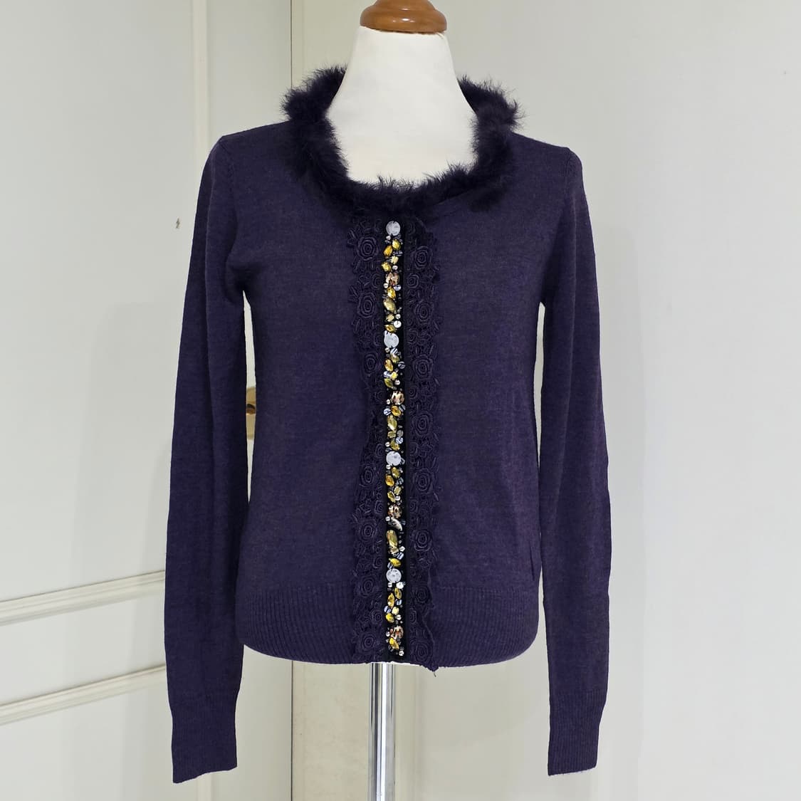 홍콩빈티지)퍼플 퍼 고딕로리타 로즈st 큐빅 로맨틱 니트 가디건블라우스 상품이미지3