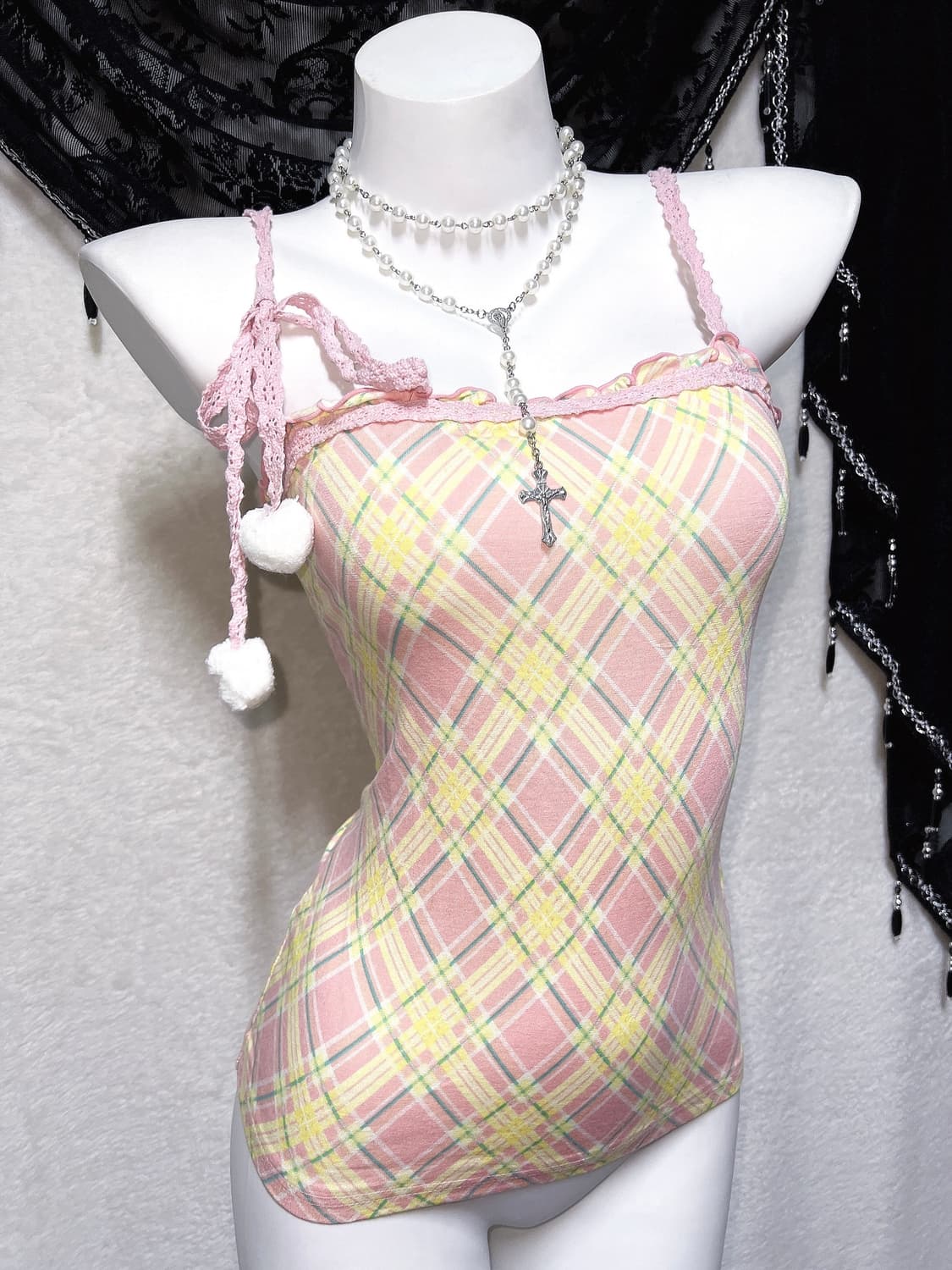 리즈리사 체크 프릴레이스 폼폼 슬리브리스 나시 히메갸루 라떼 핀터 팝걀 상품이미지4