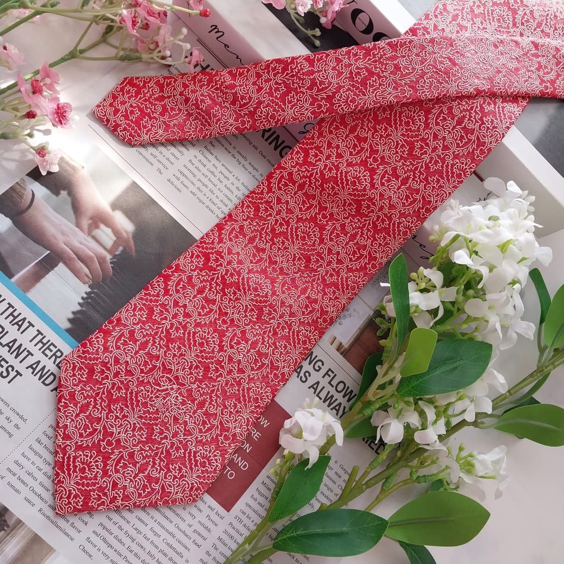 니나리치 실크 레드 페이즐리 플라워 넥타이 9.3cm A+등급 K2405 상품이미지4