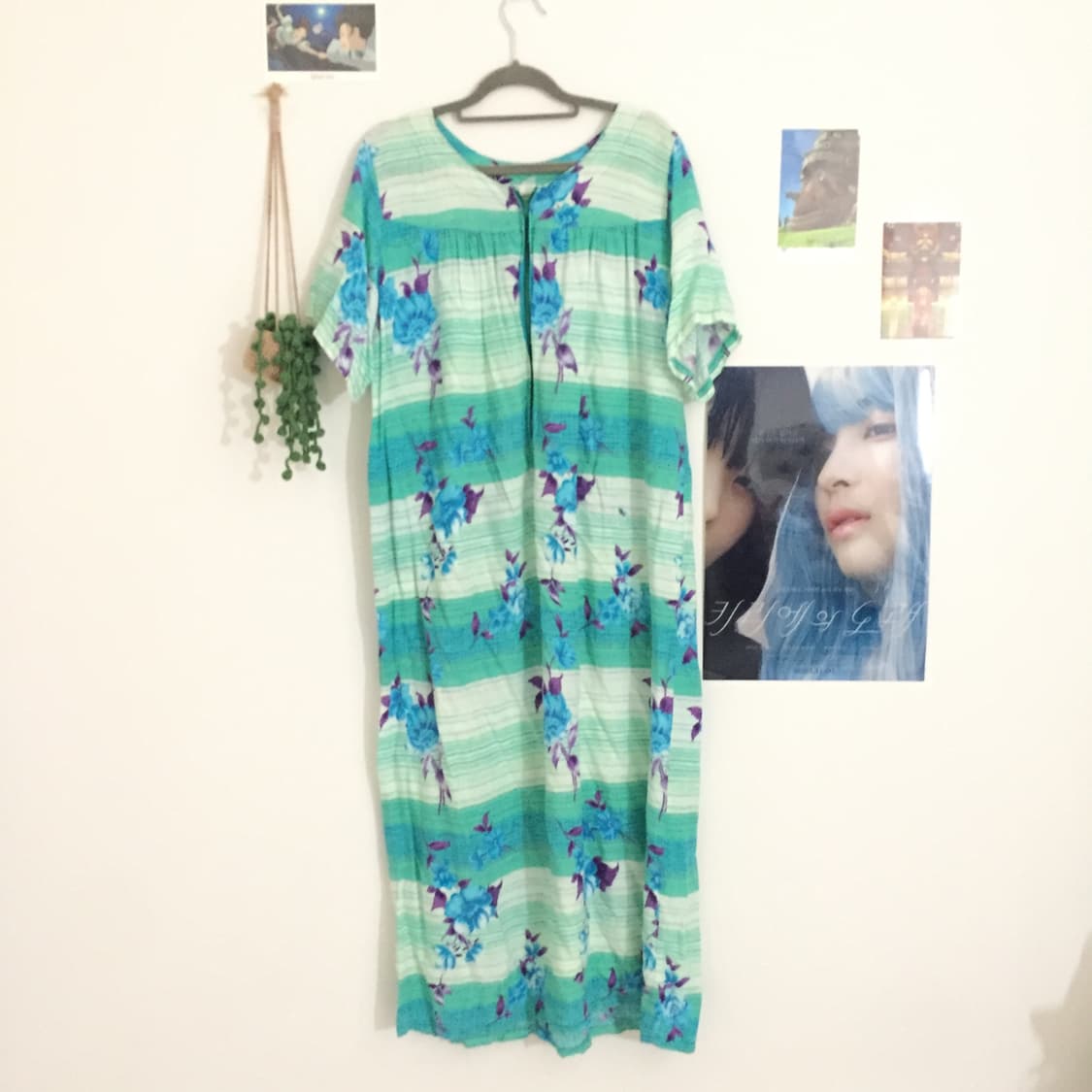 하구미 청록색 여름용 반팔 롱원피스 상품이미지1