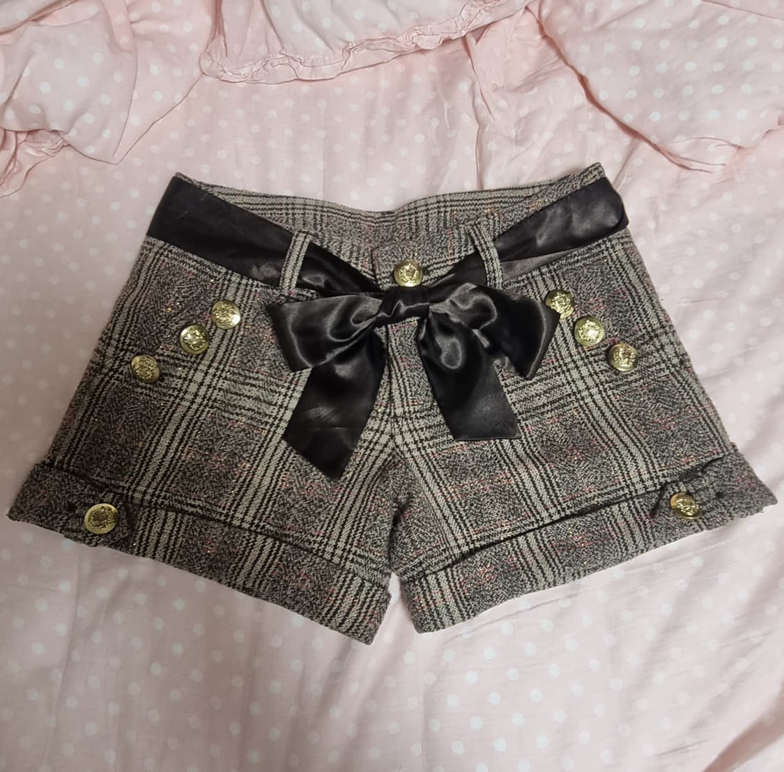 일본빈티지 체크 딸기초코맛 단추 리본 팬츠 라떼갸루 엑시즈팜 리즈리사 상품이미지1