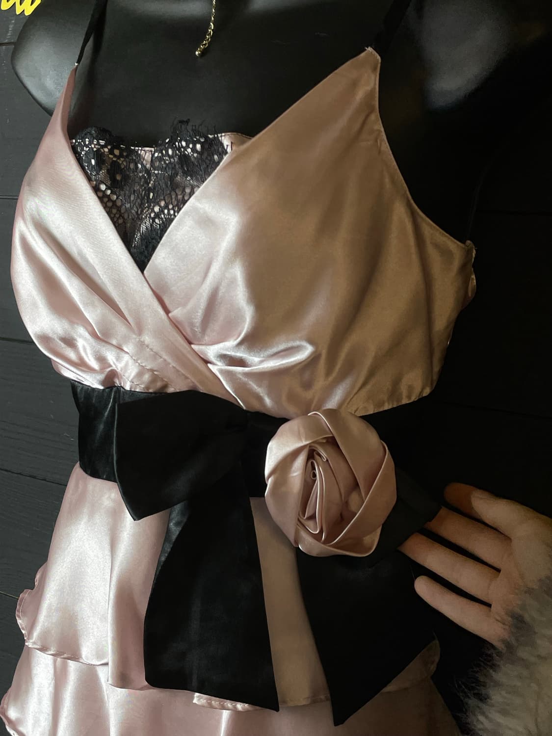 JPN 갸루 꽃 리본 장미 플라워 실크 레이어드 핑크 골드 슬립 원피스 상품이미지4