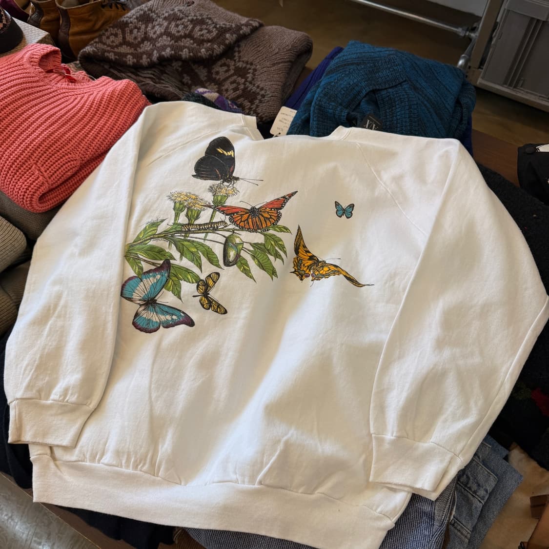 80S 캐나다 생산 나비 그래픽 아트워크 스웻셔츠 L 상품이미지6