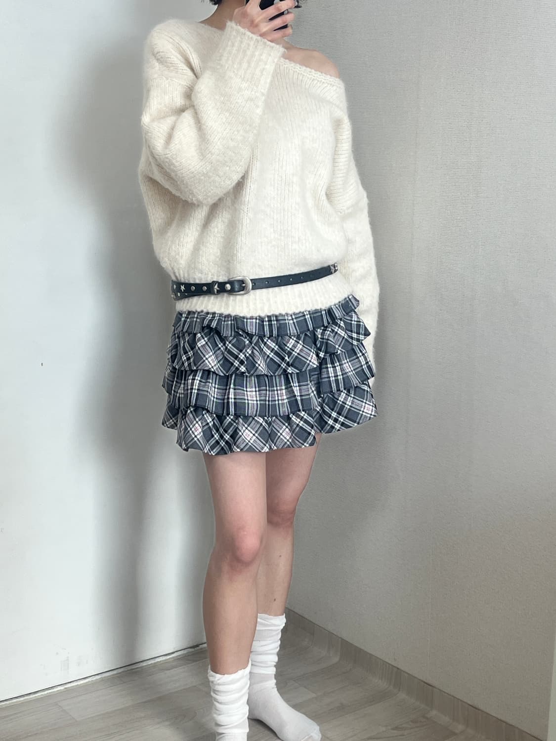 핑크 그레이 캉캉 체크 스커트 상품이미지5