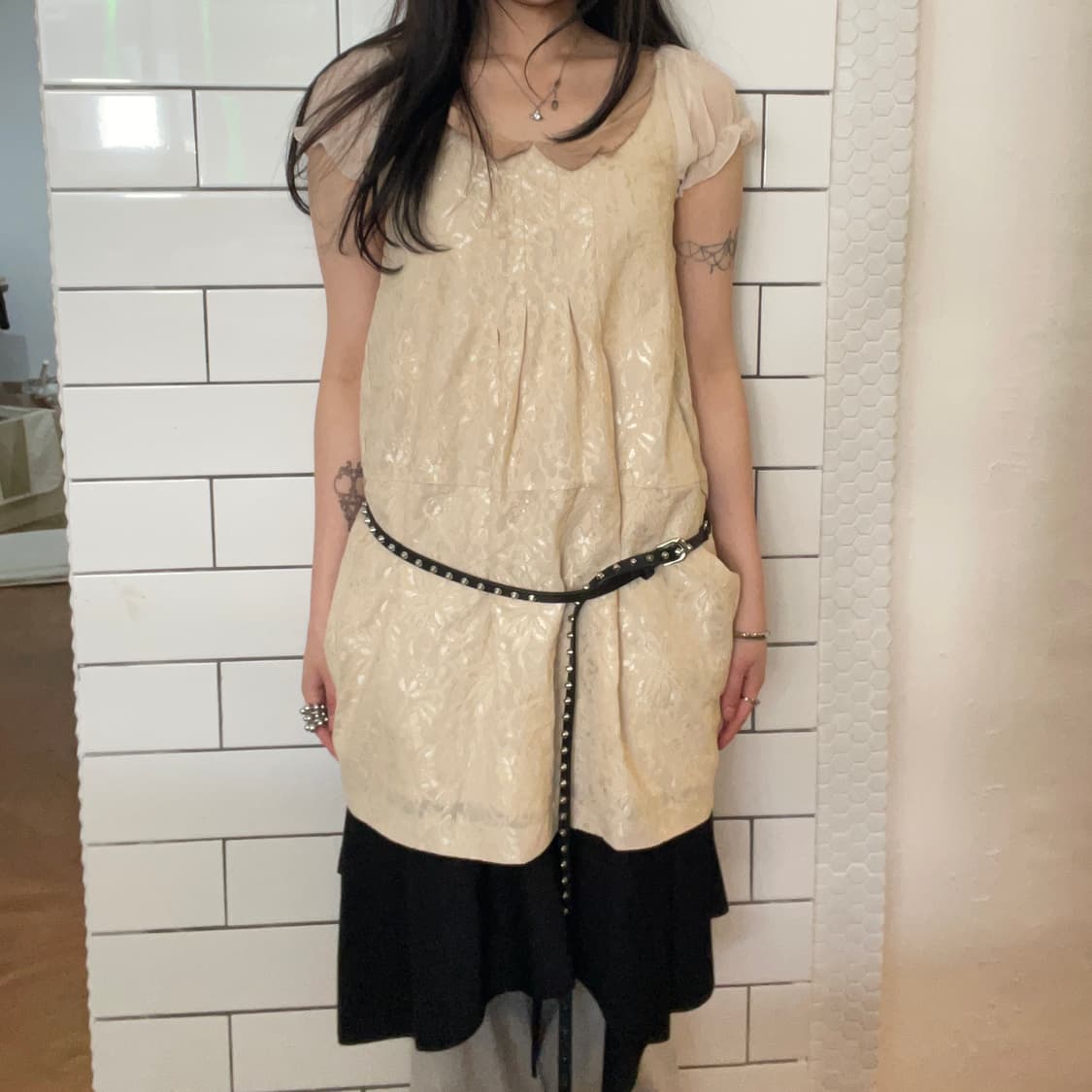 레이빔즈 레이스 퍼프 슬리브 믹스 원피스 상품이미지6