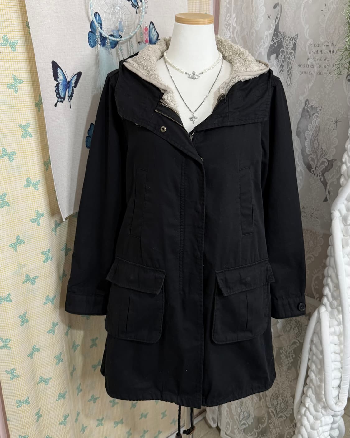 블랙 넥 버클 후드 야상 자켓 상품이미지6