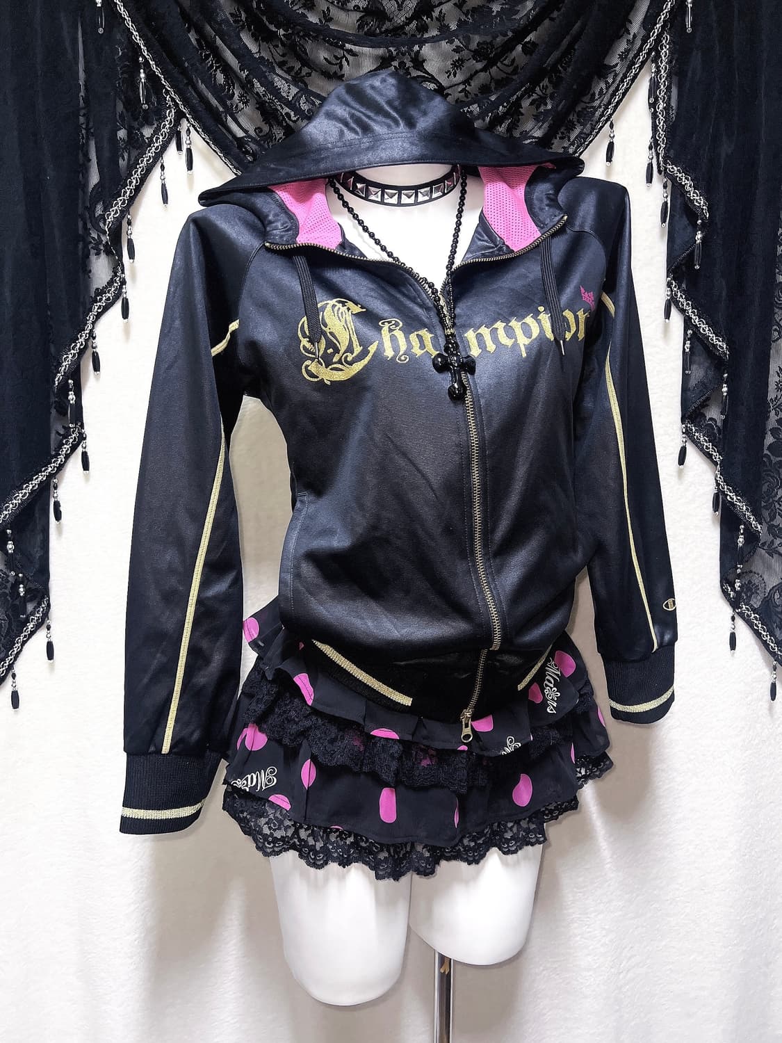 챔피온 올드스쿨 y2k 오네갸루 키치 펑크 히비스커스 투웨이 후드집업 상품이미지3