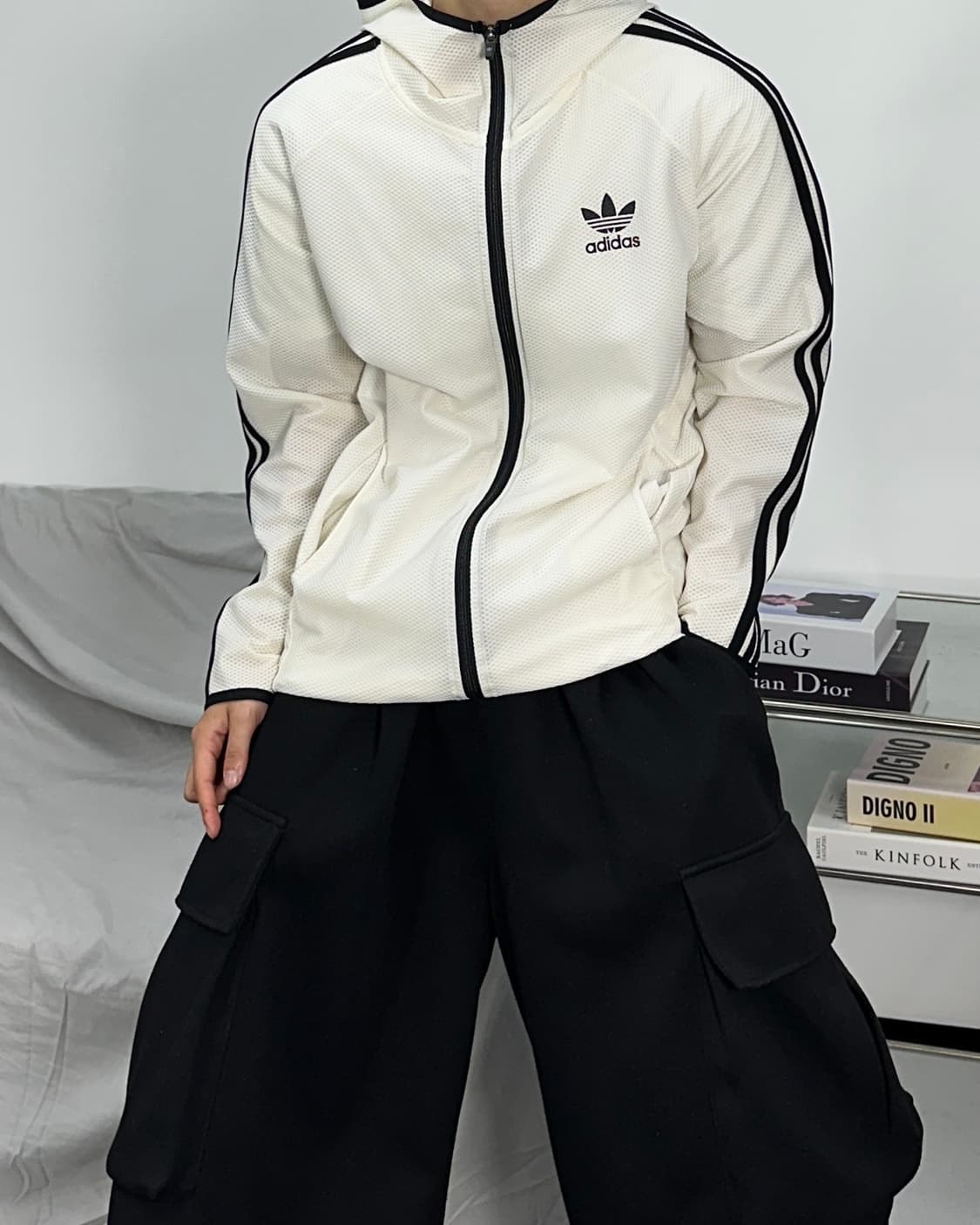 아디다스 화이트 매쉬 후드 트랙탑 L 상품이미지2