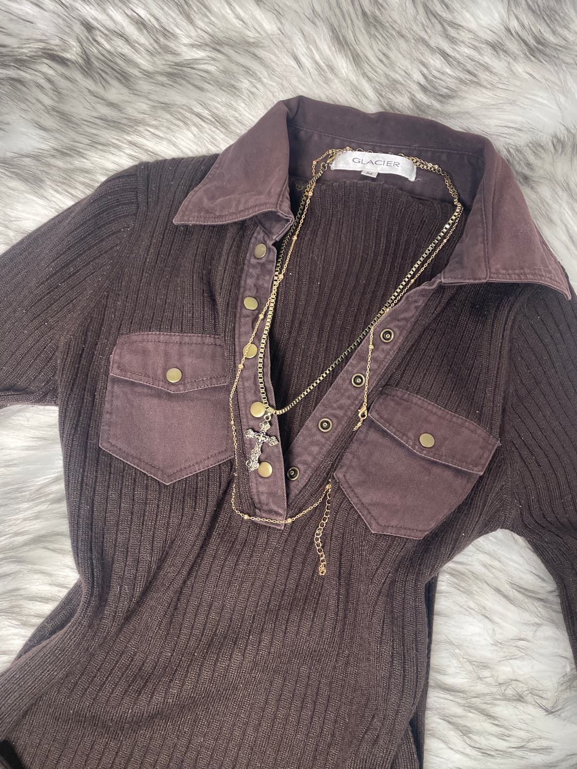 Y2K 브라운 골지 버튼 탑 니트 상품이미지3