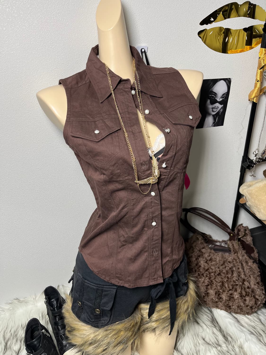 빈티지 Y2K 브라운 버튼 나시 카라탑 상품이미지1