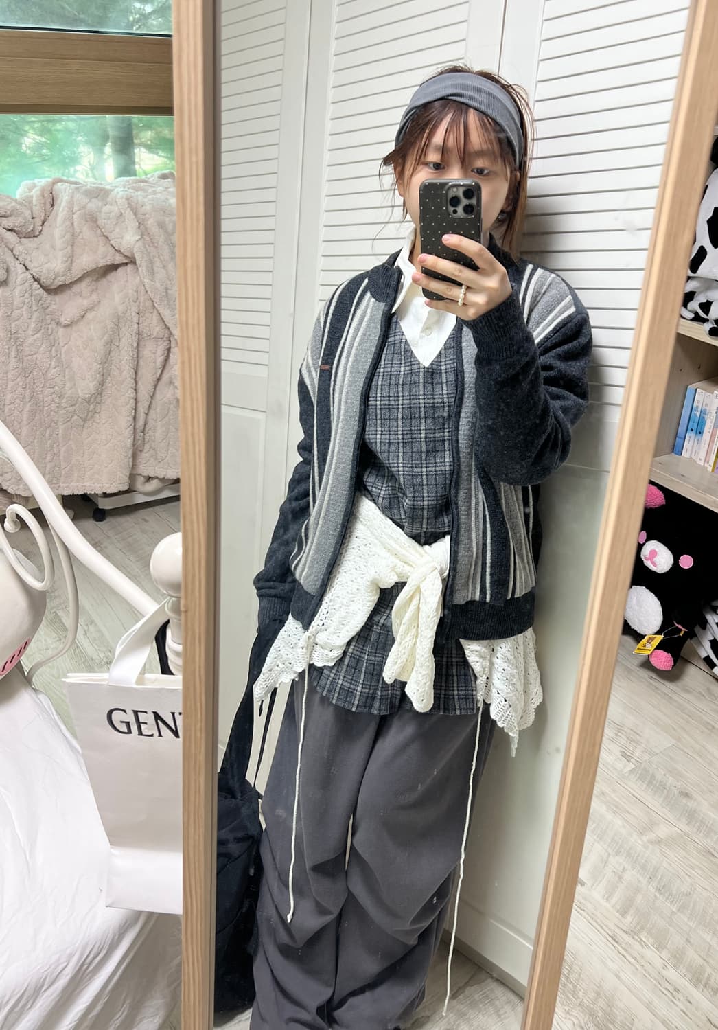 빈티지 코디셋 세로 스트라이프 니트 집업 가디건 트위드체크 원피스 상품이미지2