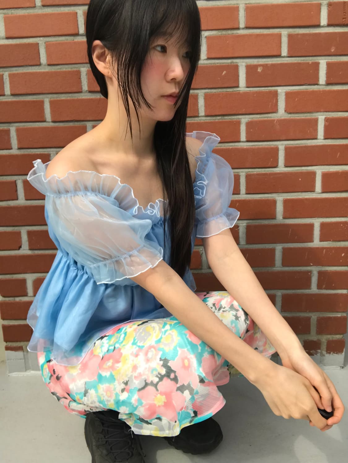 vintage sky blue off-shoulder top 상품이미지1
