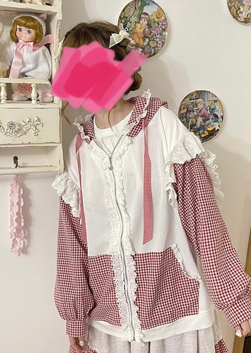 프릴 레이스 깅엄 체크 후드집업 양산형 지뢰계 로리타 하라주쿠 상품이미지2
