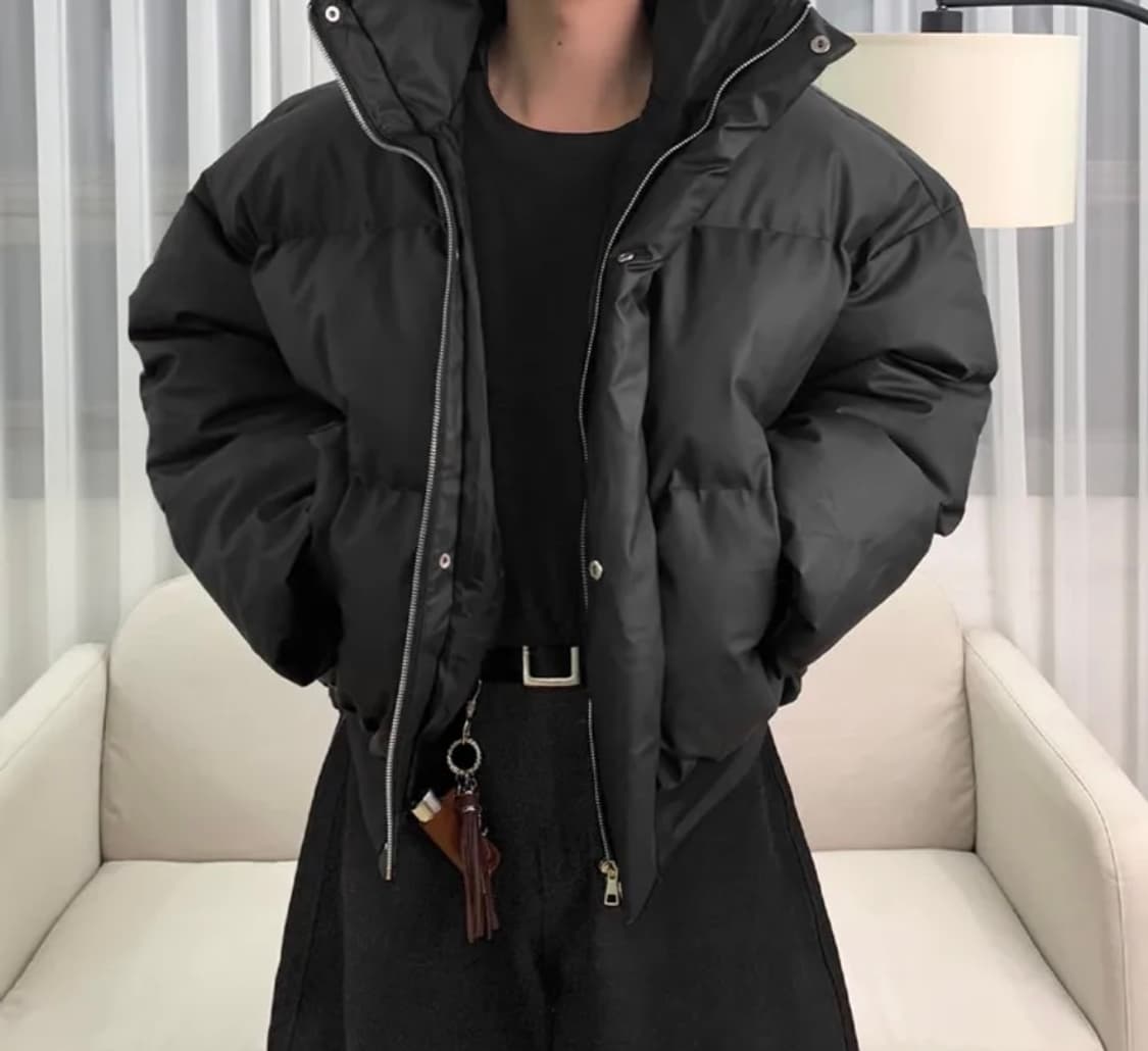 하이넥 무광 레더 크롭 벌룬핏 패딩 상품이미지1