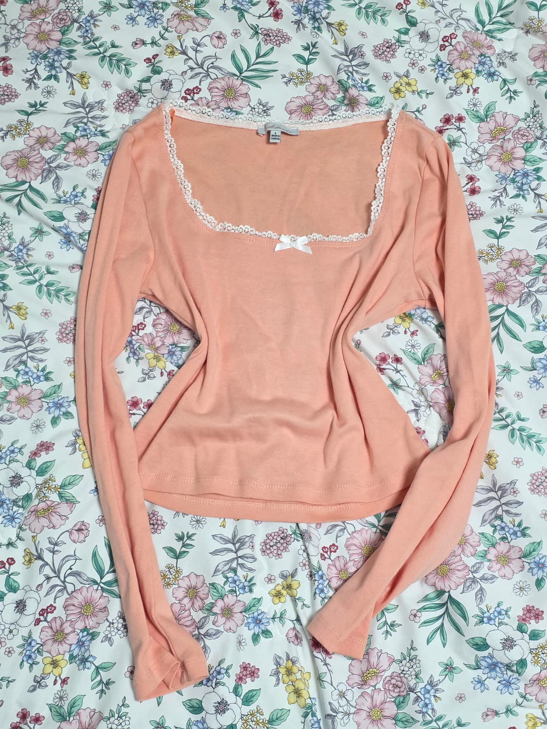 빈티지)핑크 발레코어 히메갸루 레이스리본크롭스퀘어넥 롱슬리브긴팔티셔츠 상품이미지3