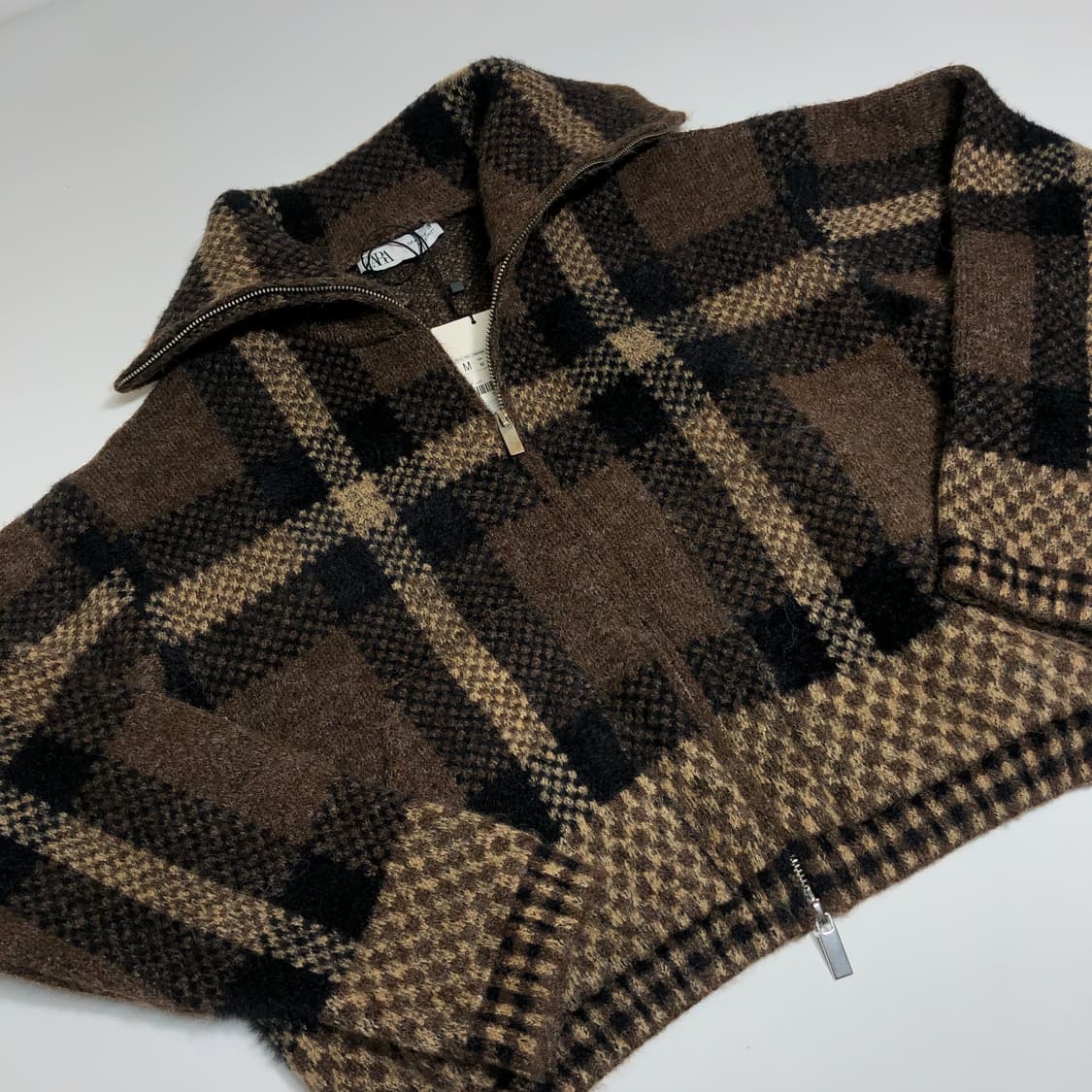 새상품) 자라 브라운 체크 집업 가디건 M 상품이미지5
