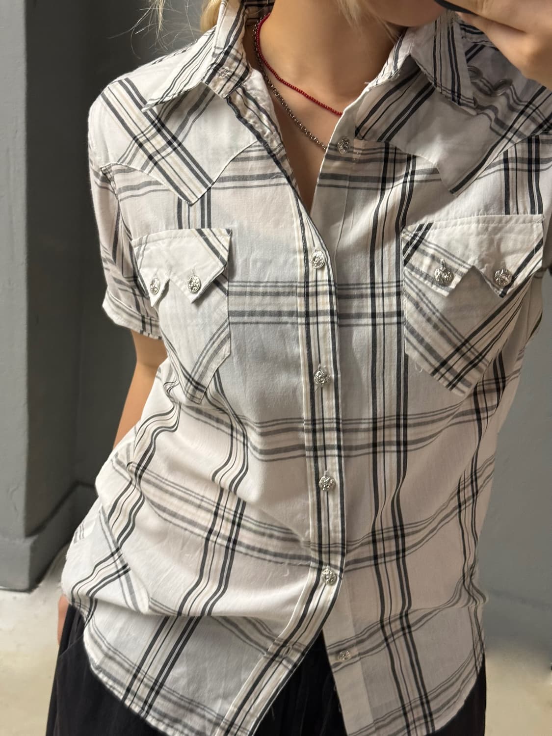 skull printing detail check shirt 상품이미지3