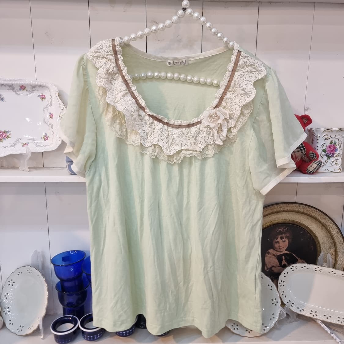 axes femme 민트 레이스 플라워 블라우스 상품이미지1