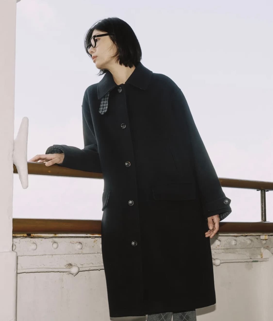 오헤시오 CHECK WOOL LONG COAT, BLACK 상품이미지3