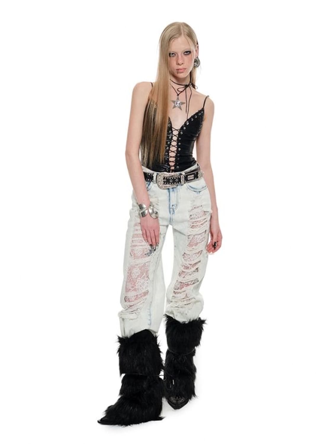 1JINNSTUDIO ripped lace jeans women's vi 상품이미지2