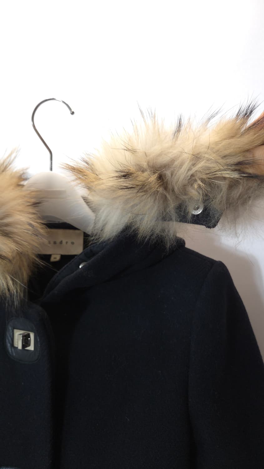 산드로 라쿤퍼 후드 양가죽 배색 울코트 36 사이즈 상품이미지7