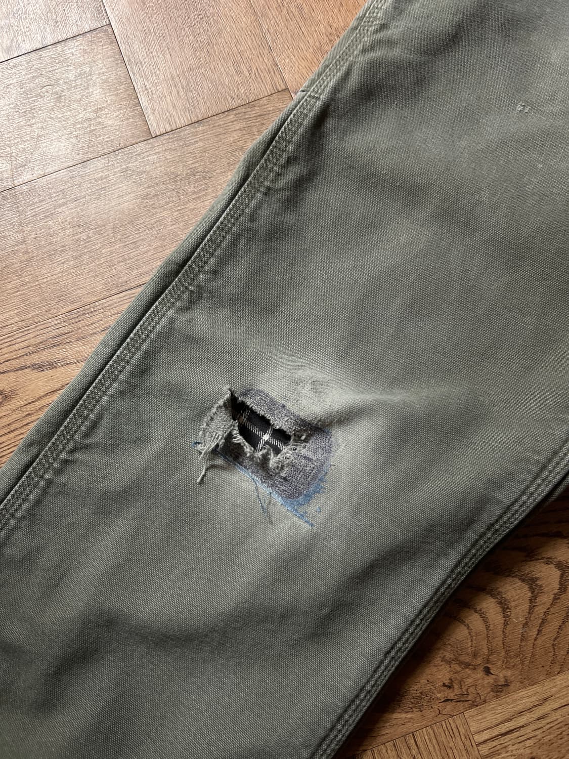 [34]칼하트 USA 체크라이닝 데미지드 모스그린 싱글니 카펜터 워크팬츠 상품이미지5