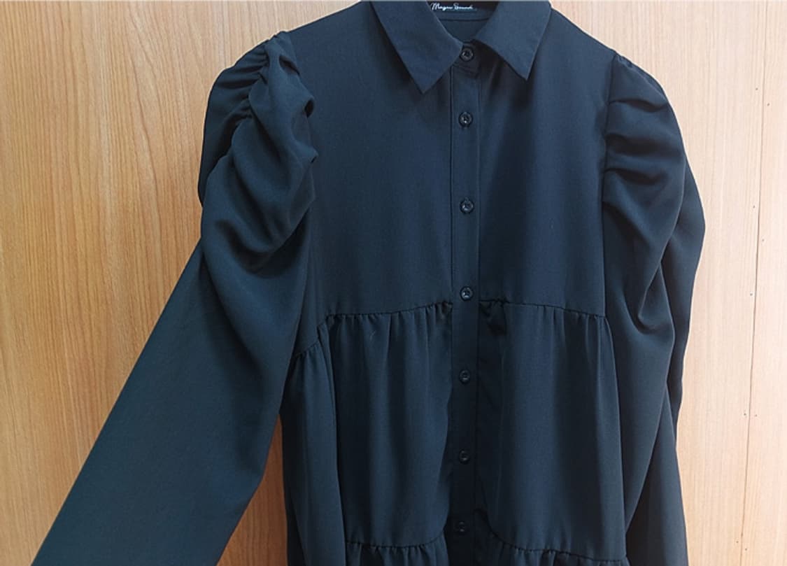 어깨 셔링 블랙 셔츠 미니 원피스 상품이미지5