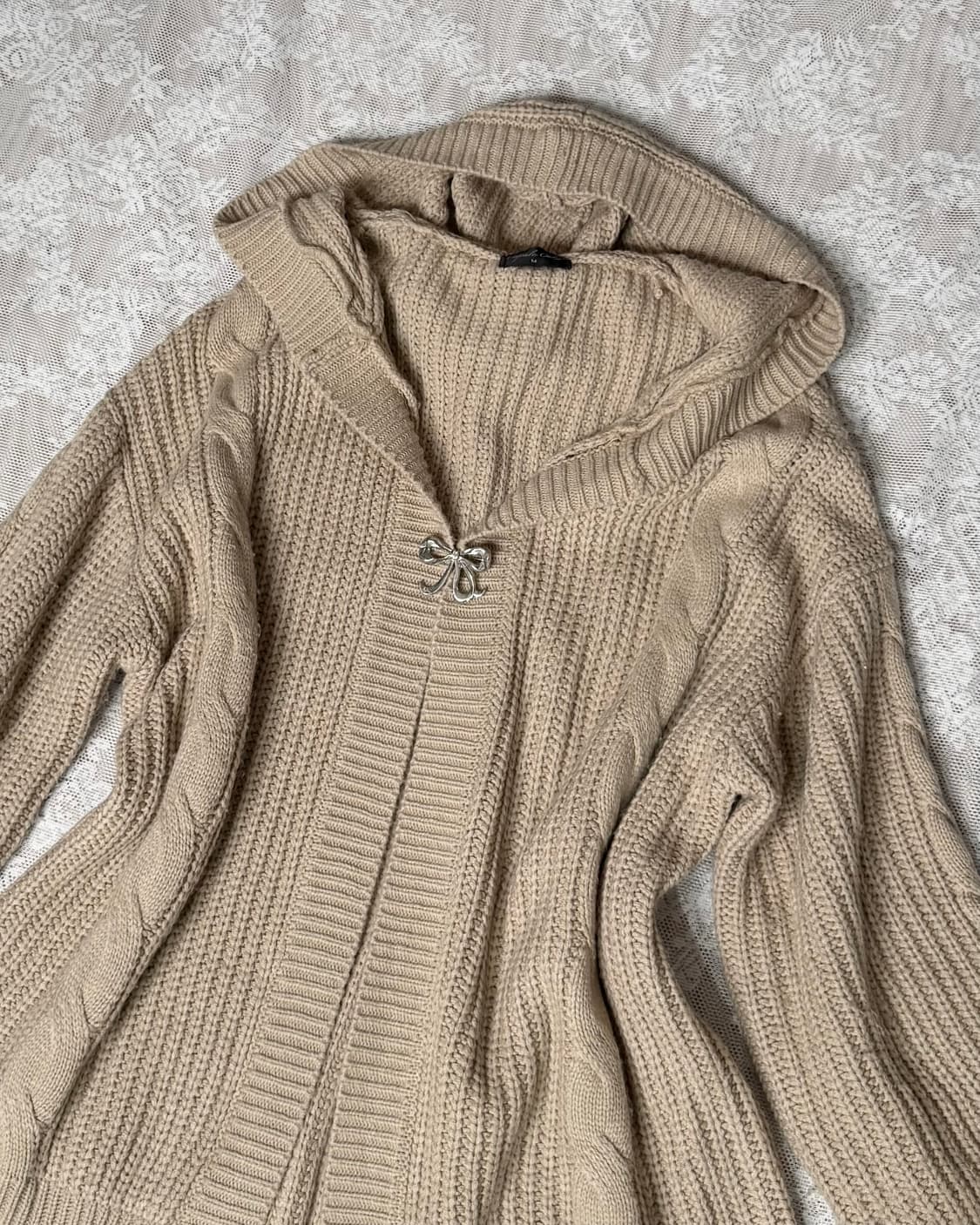 베이지 꽈배기 오버핏 후드 가디건 상품이미지5